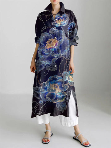 Japanese Art Flower Print Long Sleeve Slit Shirt Dress+ White Trousers