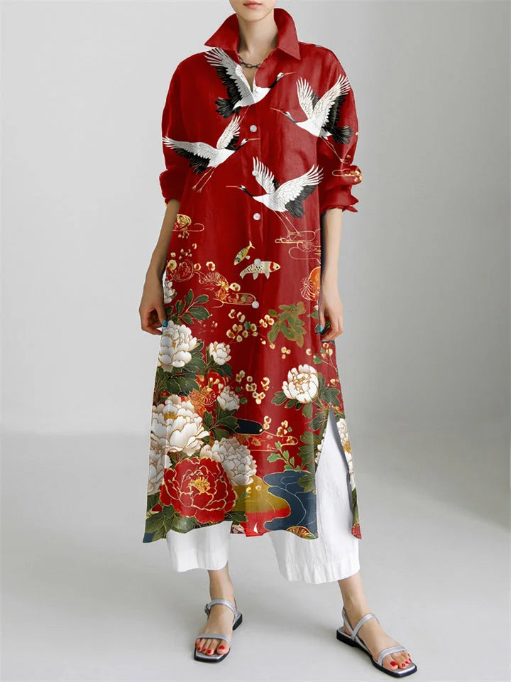 Japanese Art Vintage Crane And Flower Art Print Long Sleeve Slit Shirt Dress+ White Trousers