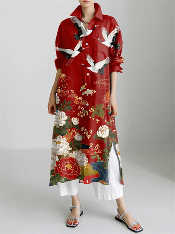 Japanese Art Vintage Crane And Flower Art Print Long Sleeve Slit Shirt Dress+ White Trousers