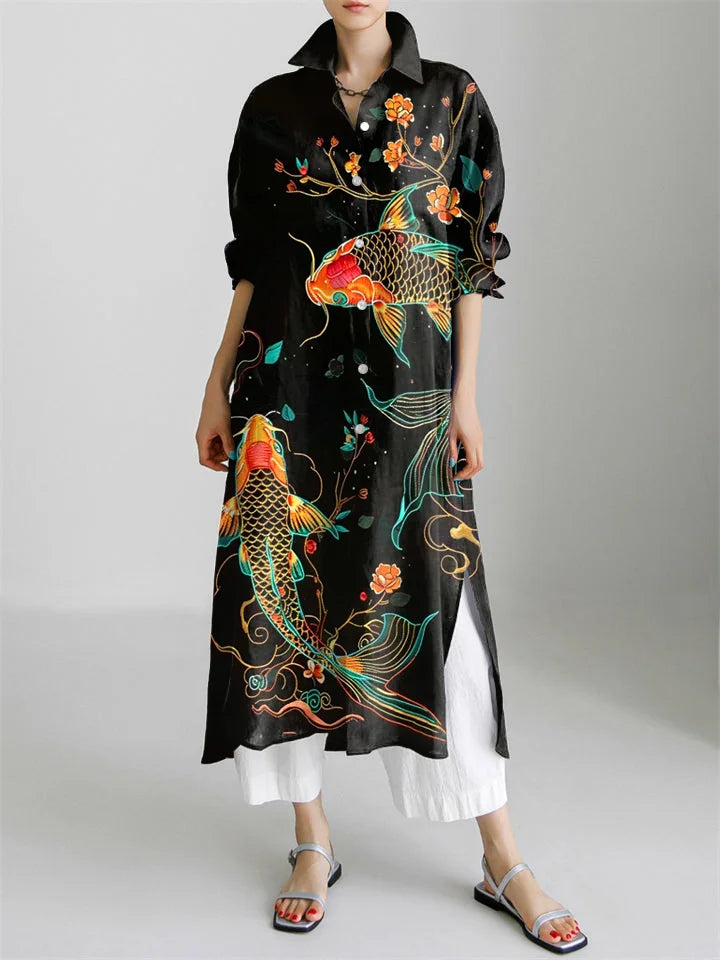 Japanese Art Flower Koi Fish Print Long Sleeve Slit Shirt Dress+ White Trousers