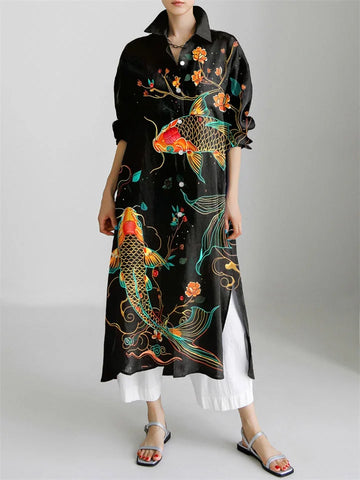 Japanese Art Flower Koi Fish Print Long Sleeve Slit Shirt Dress+ White Trousers
