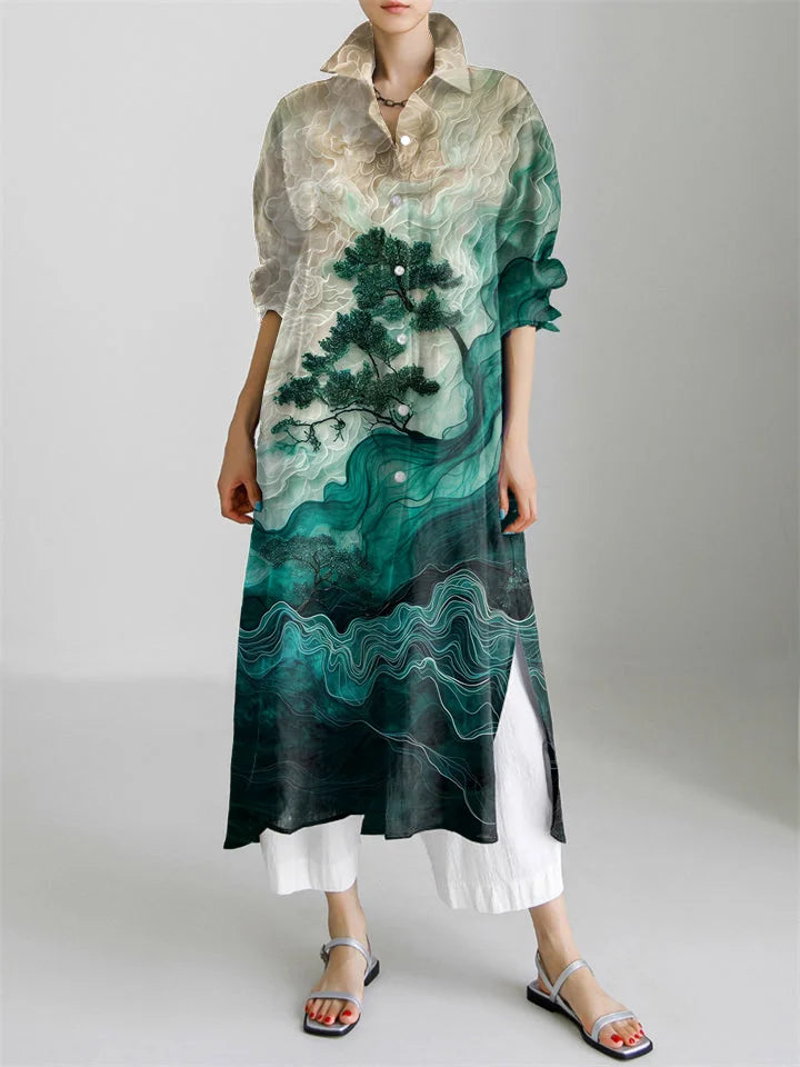 Asian Art Wave Print Long Sleeve Slit Shirt Dress+ White Trousers