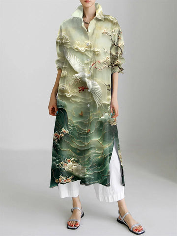 Japanese Art Crane Print Long Sleeve Slit Shirt Dress+ White Trousers