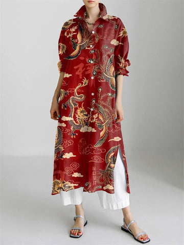 Dragon and Phoenix Print Long Sleeve Slit Shirt Dress+ White Trousers