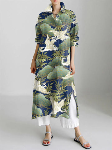 Crane & Pine Japanese Pattern Long Sleeve Slit Shirt Dress+ White Trousers