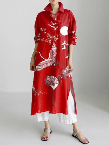 Vintage Crane Art Print Long Sleeve Slit Shirt Dress+ White Trousers