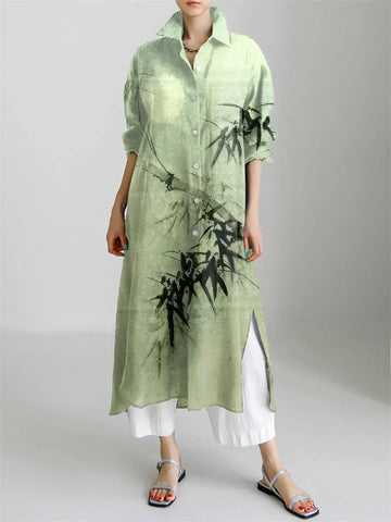Vintage Bamboo Forest Art Print Long Sleeve Slit Shirt Dress+ White Trousers
