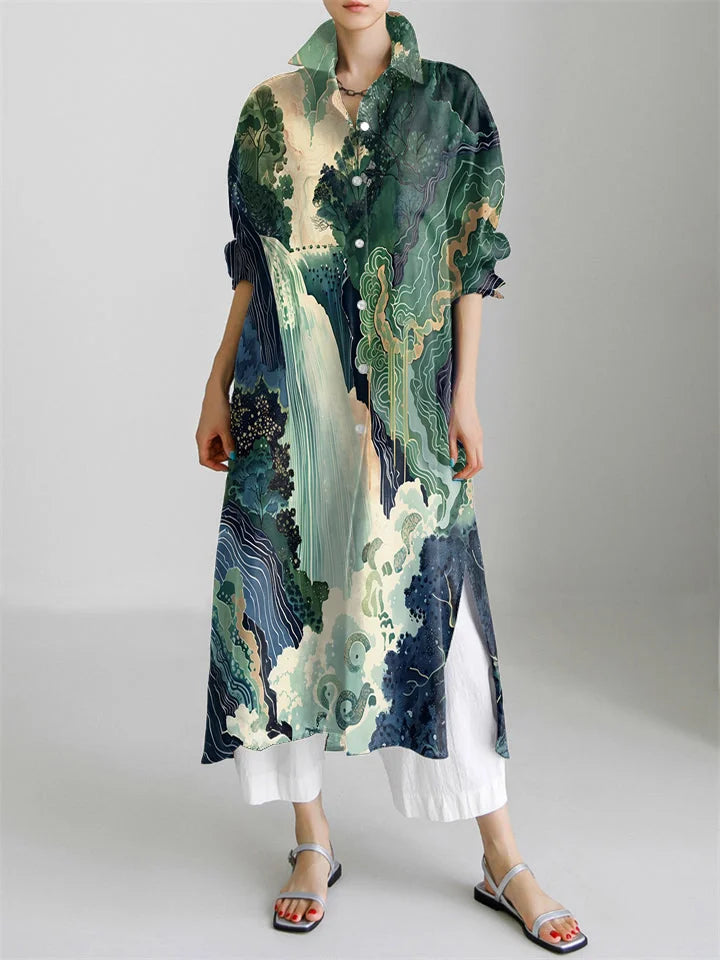 Hokusai Ukiyo-e Japanese Waterfall Art Landscape Print Long Sleeve Slit Shirt Dress+ White Trousers