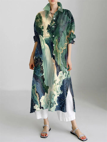 Hokusai Ukiyo-e Japanese Waterfall Art Landscape Print Long Sleeve Slit Shirt Dress+ White Trousers