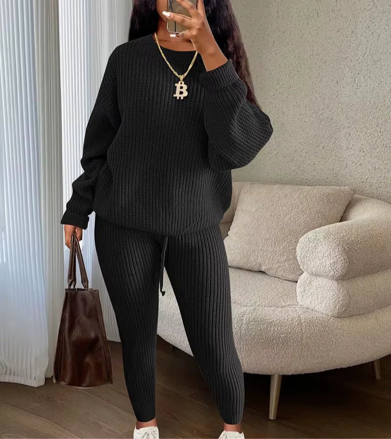 Fashion and Casual Knitted Top and Trousers Women'S Wool 2-Piece Set